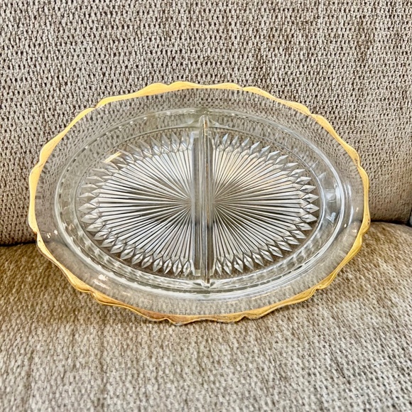 Vintage Jeannette Glass Oval Divided Relish Tray Gold Rimmed - Picture 4 of 4